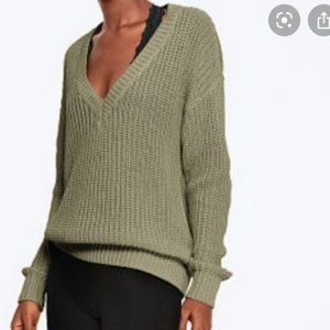Victoria's Secret  PINK Heritage V-Neck Olive Knit Sweater, Sz S